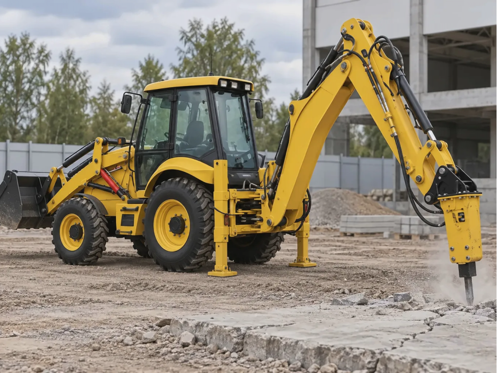 Гидромолот INDECO HP 600 на базе экскаватора-погрузчика NEW HOLLAND